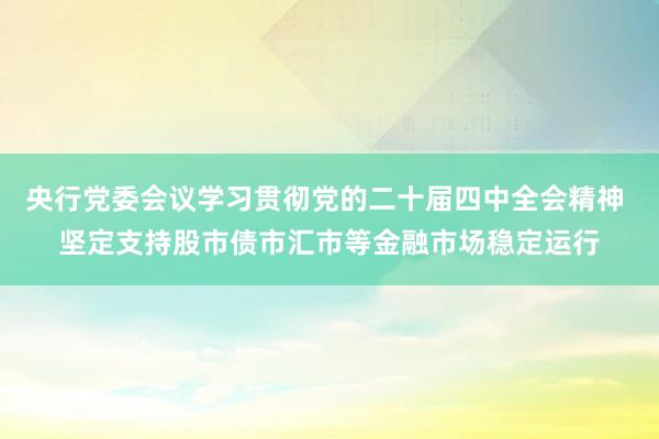 央行党委会议学习贯彻党的二十届四中全会精神 坚定支持股市债市汇市等金融市场稳定运行